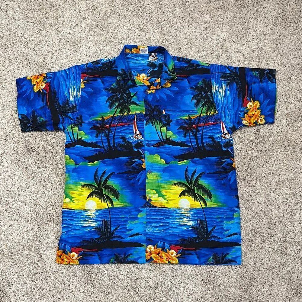 Rima Hawaiian Tropical Sunset Aloha Palm Tree Sailboat Button Front Shirt Size M
